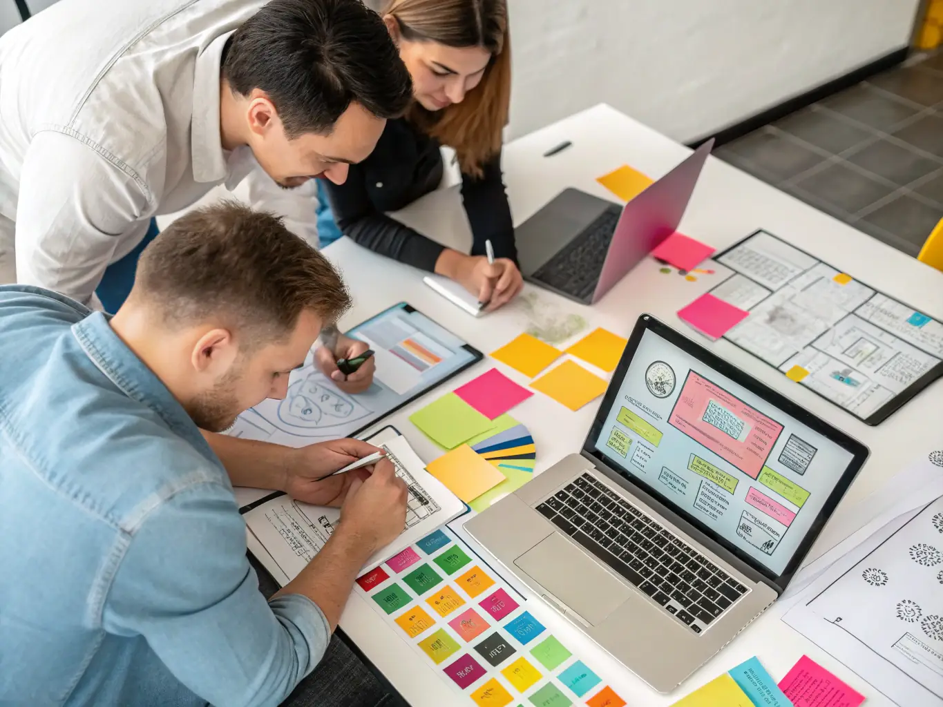 An image of a branding workshop with branding boards and a team collaborating around a table, representing Brand Positioning & Messaging.