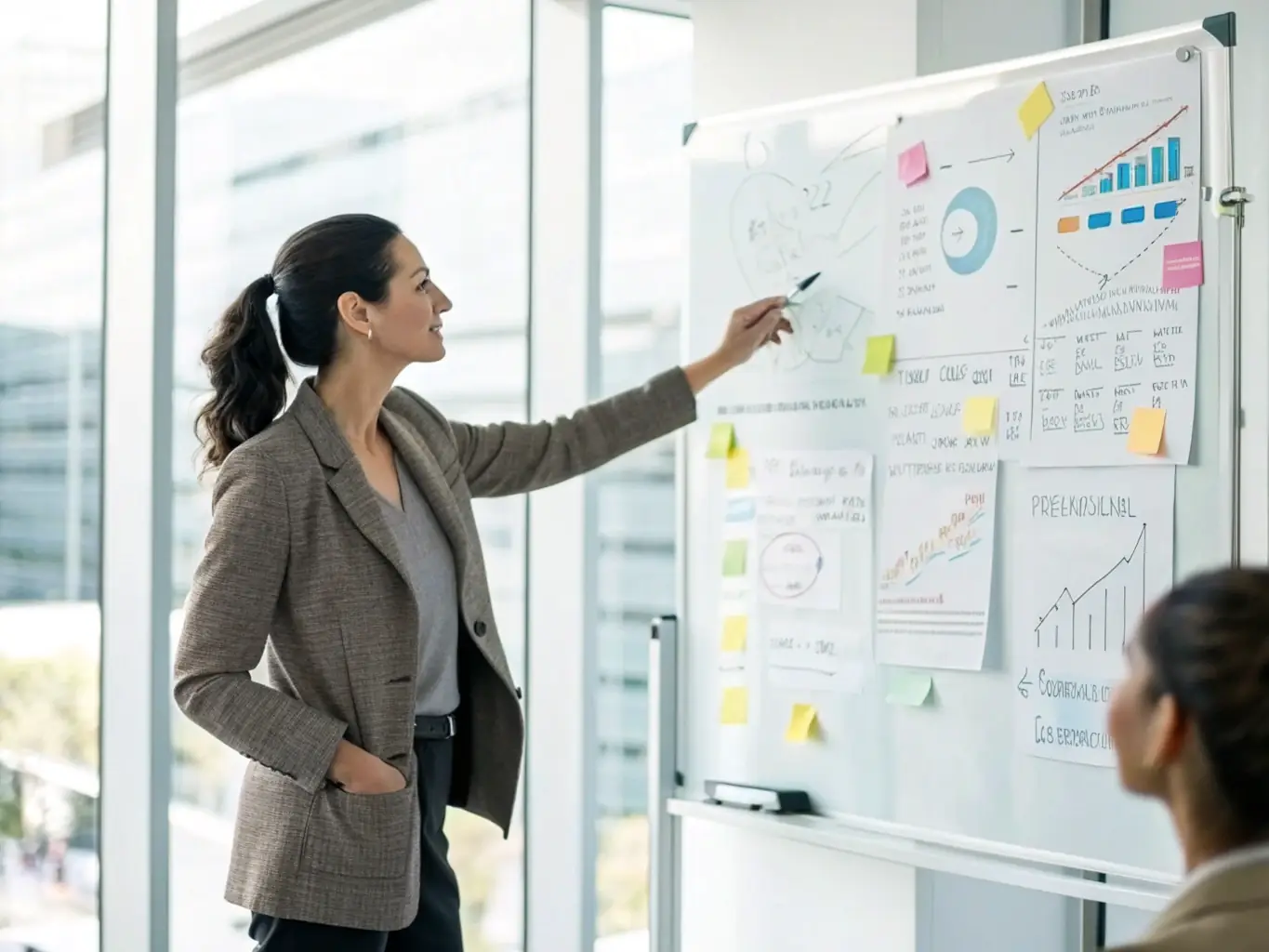 An image of a professional consultant presenting a strategic plan on a whiteboard in a modern office setting, illustrating Business Strategy Development.
